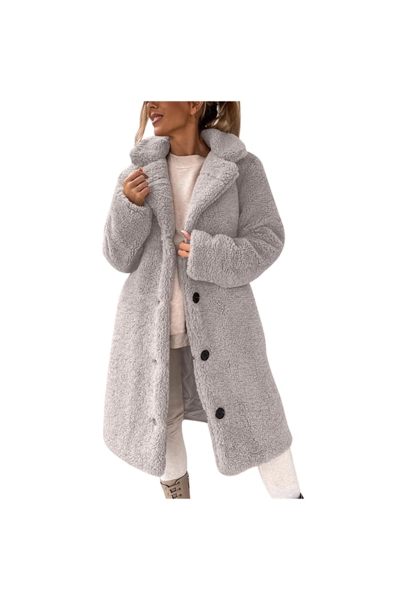 Fleece Jacket for Women Fuzzy Lapel Long Winter Coats Button Up Cardigan Sweaters Ladies Faux Wool Winter Warm Outerwear with Pokets D-Gray