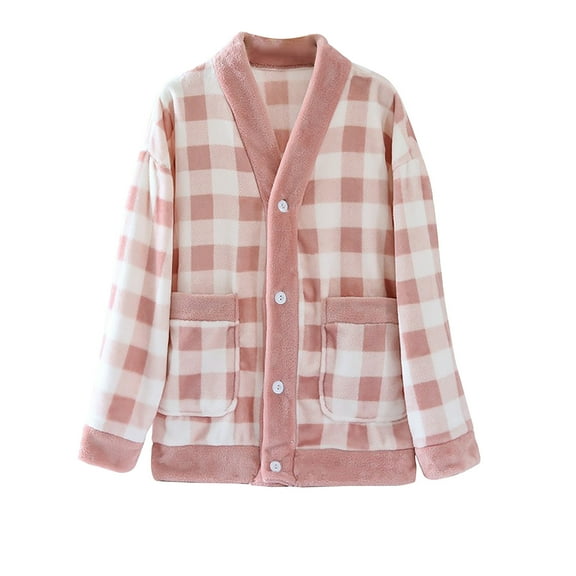 Wyobmus Fluffy Plaid Pajama Tops for Women Soft Comfy Button Down Flannel Sleepshirt Pullover Loose Plush Sleepwear Fuzzy Loungewear for Winter A-Pink