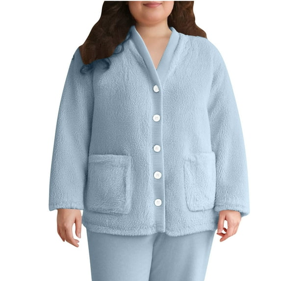 Wyobmus Fluffy Plaid Pajama Tops for Women Soft Comfy Button Down Flannel Sleepshirt Pullover Loose Plush Sleepwear Fuzzy Loungewear for Winter C-Light Blue