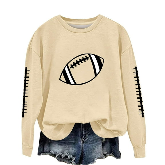 Wyobmus Game Day Sweatshirt for Women Y2K Crewneck Loose Season Shirt Long Sleeve Rugby Graphic Fleece Sweatshirts C-Beige