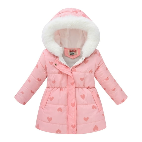 Wyobmus Girl's Winter Coat Parkas Warm Hooded Puffer Jacket Long Tuni Quilted Jacket With Faux Fur Hood K-Pink