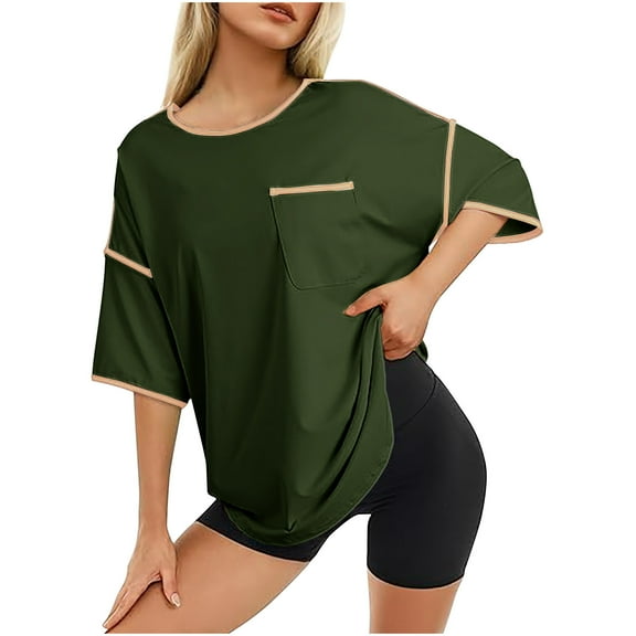 Wyobmus Half Sleeve Tops for Women Loose Fit Basic Casual Crew Neck Tee Shirt Baggy Color Block Blouse Casual Raglan Shirt With Pocket C-Green