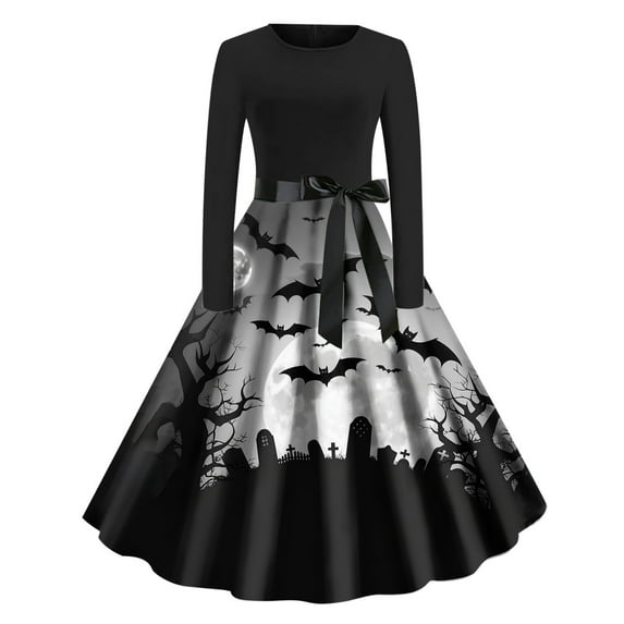 Wyobmus Halloween Dresses for Women Cute Vintage Long Sleeve Cocktail Swing Dress Pumpkin Printed A-Ling Party Clothes D-Multicolor