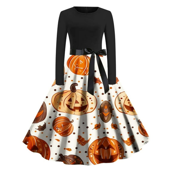 Wyobmus Halloween Dresses for Women Cute Vintage Long Sleeve Cocktail Swing Dress Pumpkin Printed A-Ling Party Clothes N-Multicolor