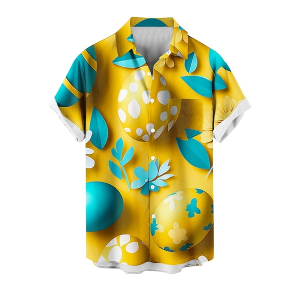 Wyobmus Hawaiian Shirt for Men Easter Day Short Sleeve Button Down Causal Top Print Tropical Turndown Collar Hawaii Shirts E-Yellow