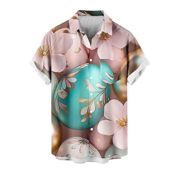 Wyobmus Hawaiian Shirt for Men Easter Day Short Sleeve Button Down Causal Top Print Tropical Turndown Collar Hawaii Shirts U-Pink
