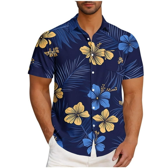 Wyobmus Hawaiian Shirt for Men Oversized Summer Beach Short Sleeve Lapeled Shirts Casual Button Down Tropical Beach Shirt S-5Xl F-Blue