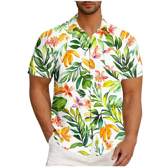 Wyobmus Hawaiian Shirt for Men Oversized Summer Beach Short Sleeve Lapeled Shirts Casual Button Down Tropical Beach Shirt S-5Xl G-Yellow