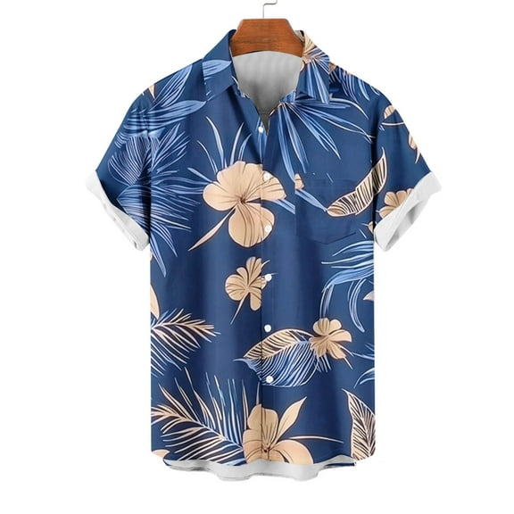 Wyobmus Hawaiian Shirt for Men Short Sleeve Button Down Shirt Casual Summer Floral Tropical Turndown Collar Shirts Hawaii Party Dark Blue