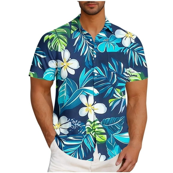 Wyobmus Hawaiian Shirt for Men Summer Beach Lapeled Casual Short Sleeve Button Down Shirts Printed Tropical Vacation Shirts E-Sky Blue