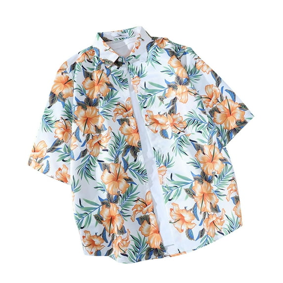 Wyobmus Hawaiian Shirt for Men Summer Holiday Casual Short Sleeve Shirt Fresh Printing Collared Button Blouse E-Black