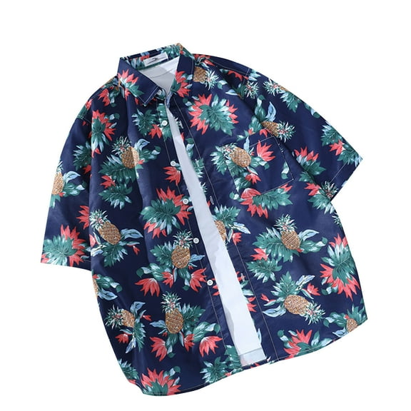 Wyobmus Hawaiian Shirt for Men Summer Holiday Casual Short Sleeve Shirt Fresh Printing Collared Button Blouse H-Navy