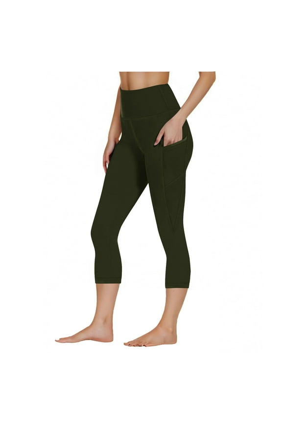 High Waist Capri Leggings for Women with Pockets Elastic Waist Tummy Control Cropped Yoga Pants Non See Through Workout Tights Olive Green Olive Green