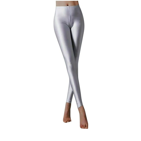 Wyobmus High Waist Leggings for Women Solid Color Glossy Leggings Stretched Sports Tights Workout Leggings Pants C-Silver