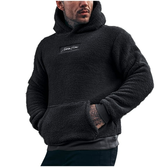 Wyobmus Hooded Sweatshirt for Men Casual Reversible Fleece Pullover Solid Color Long Sleeve Hoodie Sweatshirt Black