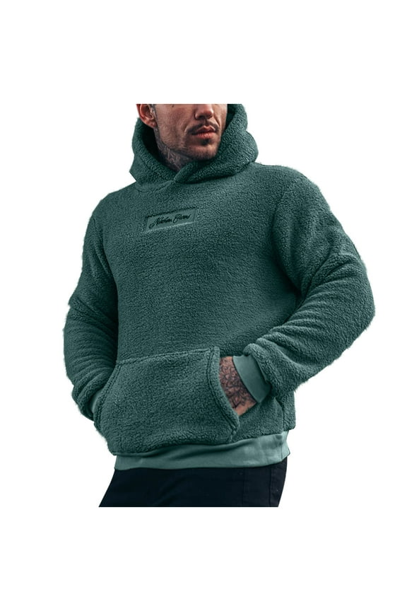 Hooded Sweatshirt for Men Casual Reversible Fleece Pullover Solid Color Long Sleeve Hoodie Sweatshirt Olive Green