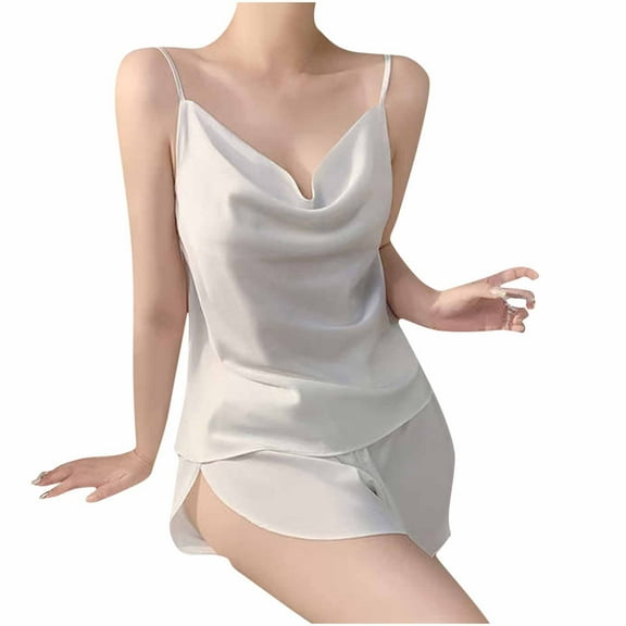 Wyobmus Ice Silk Pajama Set for Women Satin Cami Pjs Set V Neck Camisole Deep Side Slit Shorts Set Adjustable Strap Sleepwear White