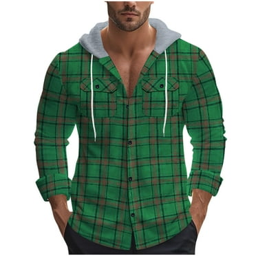 Wyobmus Jackets for Men Button Down Casual Hooded Jackets Drawstring Thicken Plaid Long Sleeve With Pocket Jacket C-Green