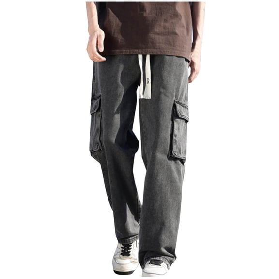 Wyobmus Jeans for Men Denim Solid Color Pants Joggers Athletic Pants Loose Straight Hiking Pants for Men Fall Clothes 2024 Gray