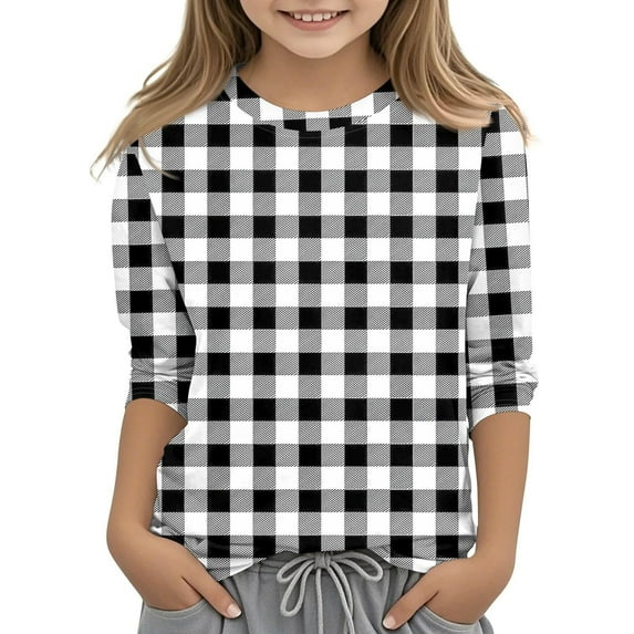 Wyobmus Kids Crewneck Shirt Boys Girls 3/4 Sleeve Tops Casual Checkered Print Pullover Soft Round Neck Undershirt D-Black