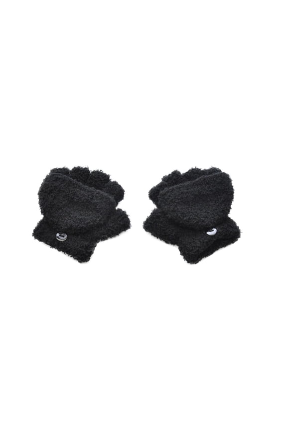 Kids Fluffy Fingerless Gloves With Mitten Cover Thick Fleece Lined Convertible Flip Top Gloves Cozy Stretch Cold Weather Gloves C-Black*