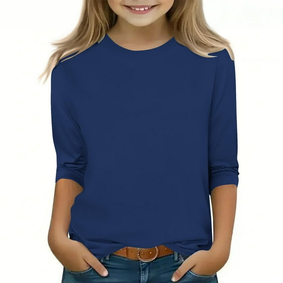 Wyobmus Kids Gragghic Shirts Boys Girls 3/4 Sleeve Crewneck Tops Solid Color Pullover Soft Round Neck Undershirt J-Blue