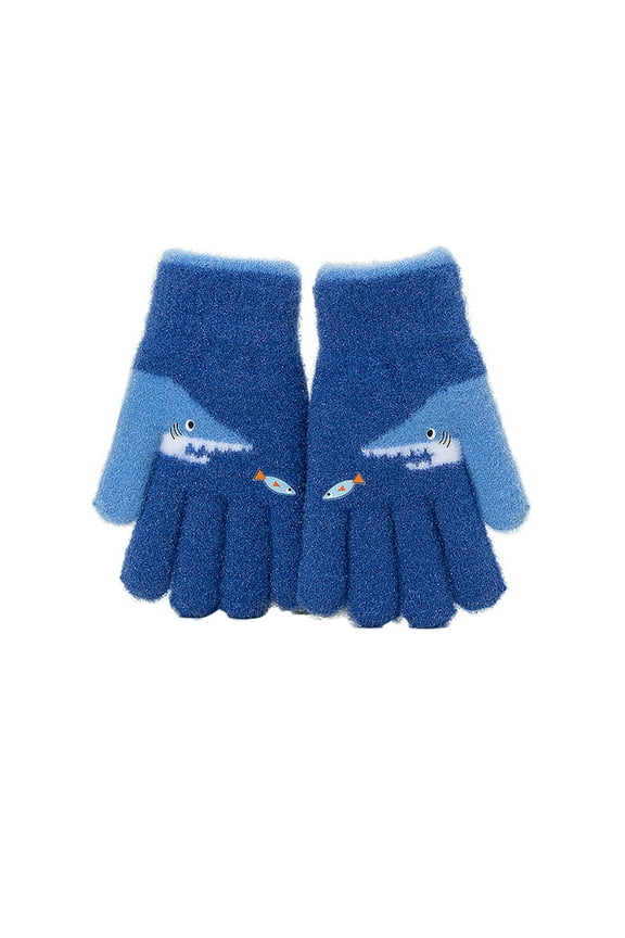 Kids Winter Gloves Fleece Lined Thick Warm Full Fingers Gloves Shark Shape Insulated Clod Weather Windproof Gloves C-Blue*