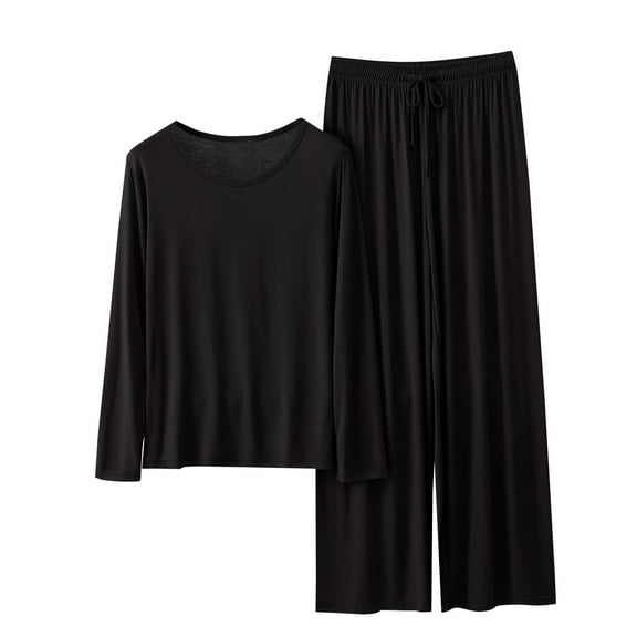 Wyobmus Ladies Pajamas Sets Summer Modal Cooling Outfits Round Neck Loose Long Sleeve Tops Wide Leg Elastic Waist Bottoms 2 Piece Lounge Sets A-Black