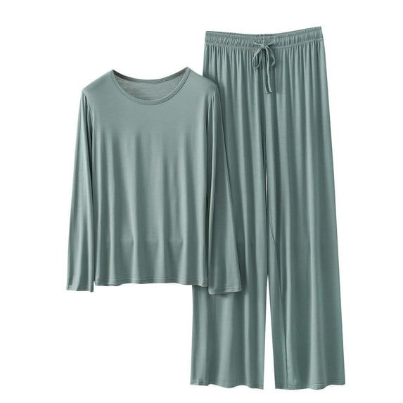Wyobmus Ladies Pajamas Sets Summer Modal Cooling Outfits Round Neck Loose Long Sleeve Tops Wide Leg Elastic Waist Bottoms 2 Piece Lounge Sets A-Mint Green