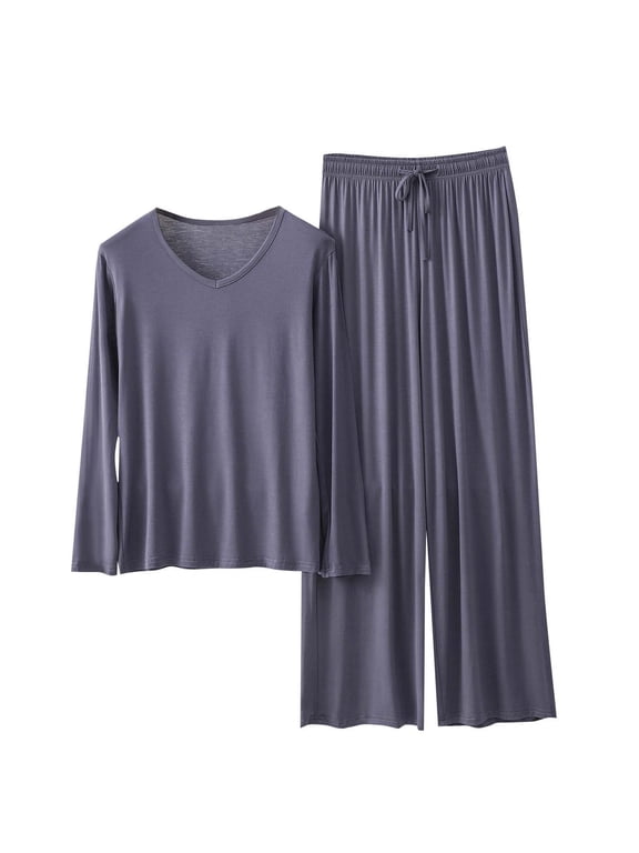 Ladies Pajamas Sets Summer Modal Cooling Outfits Round Neck Loose Long Sleeve Tops Wide Leg Elastic Waist Bottoms 2 Piece Lounge Sets B-Gray