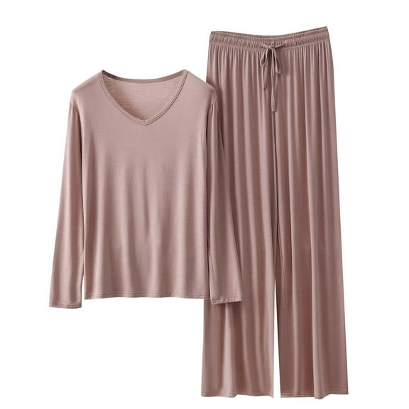 Wyobmus Ladies Pajamas Sets Summer Modal Cooling Outfits Round Neck Loose Long Sleeve Tops Wide Leg Elastic Waist Bottoms 2 Piece Lounge Sets B-Khaki