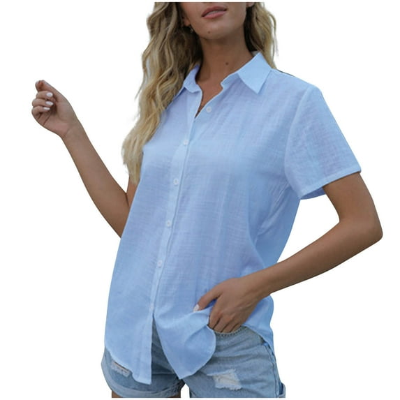 Wyobmus Linen Button Down Shirts for Women Rolled Short Sleeve Cotton Collared V Neck Solid Color Casual Blouses With Pocket S-5X Light Blue