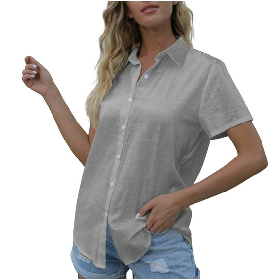 Wyobmus Linen Button Down Shirts for Women Rolled Short Sleeve Cotton Collared V Neck Solid Color Casual Blouses With Pocket S-5X Gray