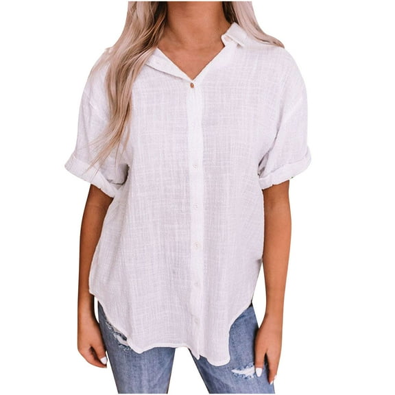 Wyobmus Linen Button Down Shirts for Women Rolled Short Sleeve Cotton Collared V Neck Solid Color Casual Blouses With Pocket S-2X White