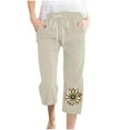 thumbnail image 1 of Wyobmus Linen Capri Pants for Women Elastic Waisted Drawstring Casual Floral Printed Loose 3/4 Pants With Pockets A-Khaki, 1 of 4