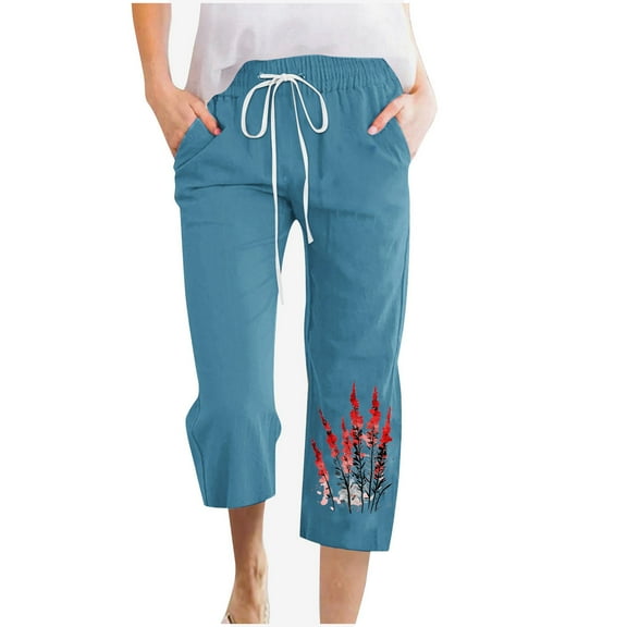 Wyobmus Linen Capri Pants for Women Elastic Waisted Drawstring Casual Floral Printed Loose 3/4 Pants With Pockets B-Blue