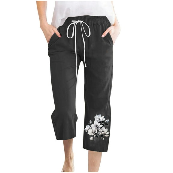 Wyobmus Linen Capri Pants for Women Elastic Waisted Drawstring Casual Floral Printed Loose 3/4 Pants With Pockets C-Black