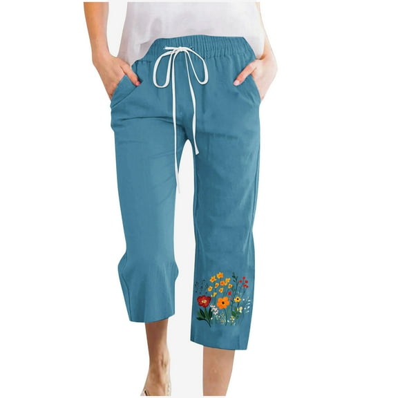 Wyobmus Linen Capri Pants for Women Elastic Waisted Drawstring Casual Floral Printed Loose 3/4 Pants With Pockets D-Blue
