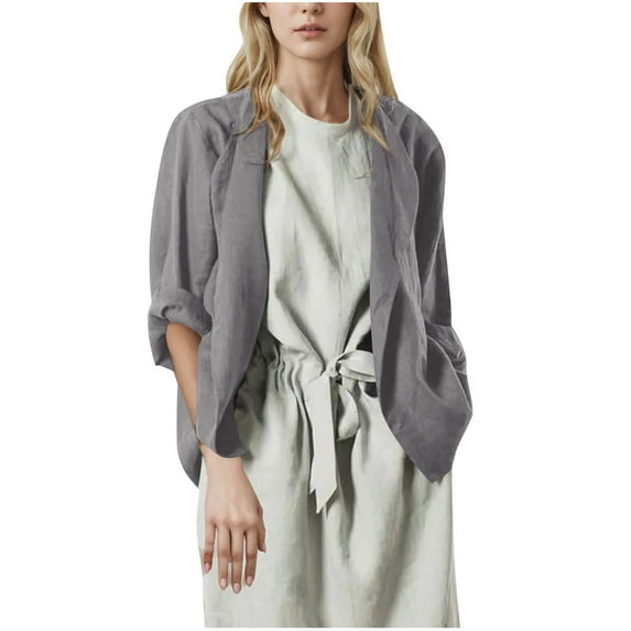 Wyobmus Linen Summer Cardigans for Women Lightweight Long Sleeve Casual Summer Tops Open Front Solid Color Resort Clothes S-2X Gray