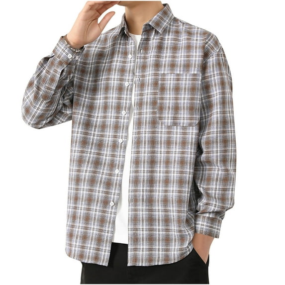 Wyobmus Long Sleeve Flannel Shirt for Men Long Sleeve Checkered Print Blouse Loose Fit Youth Button Down Casual Plaid Collared Shirt A-Coffee