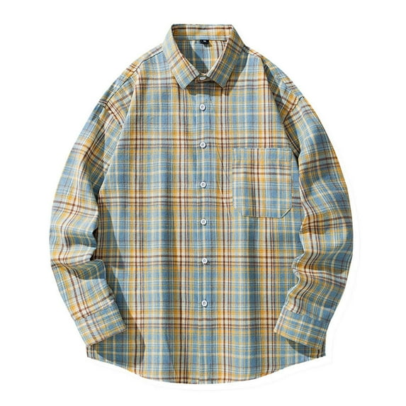 Wyobmus Long Sleeve Flannel Shirt for Men Long Sleeve Checkered Print Blouse Loose Fit Youth Button Down Casual Plaid Collared Shirt B-Light Blue