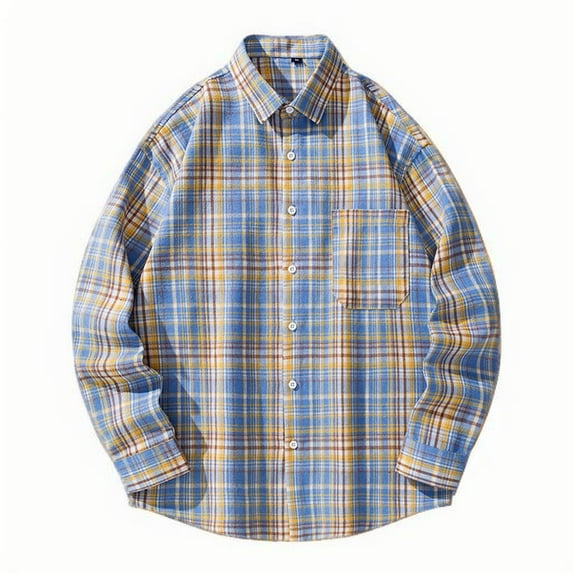 Wyobmus Long Sleeve Flannel Shirt for Men Long Sleeve Checkered Print Blouse Loose Fit Youth Button Down Casual Plaid Collared Shirt C-Dark Blue