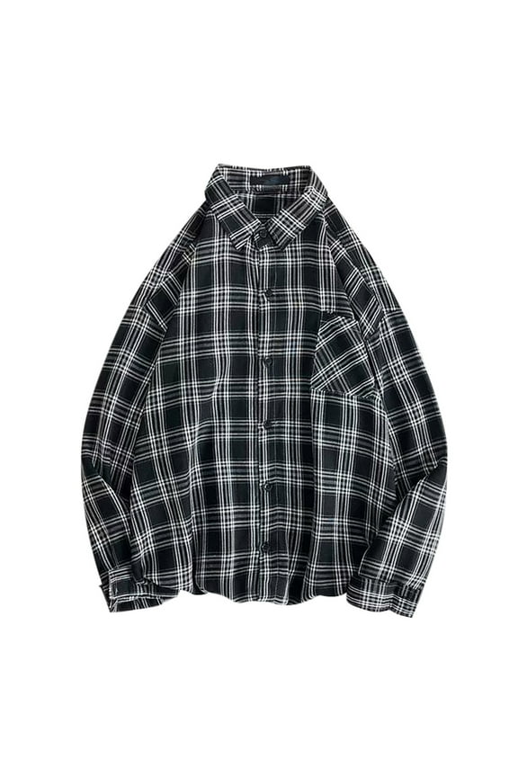 Long Sleeve Flannel Shirt for Men Loose Fit Plaid Shirts Casual Button Down Buffalo Plaid Checkered Cotton Jacket A-Black