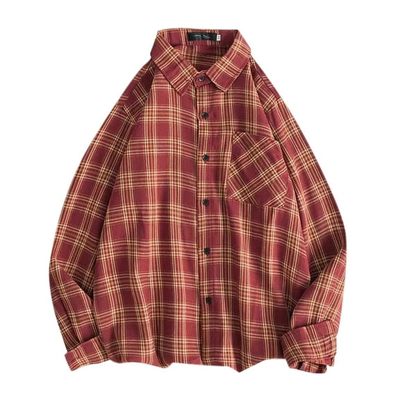 Wyobmus Long Sleeve Flannel Shirt for Men Loose Fit Plaid Shirts Casual Button Down Buffalo Plaid Checkered Cotton Jacket A-Red