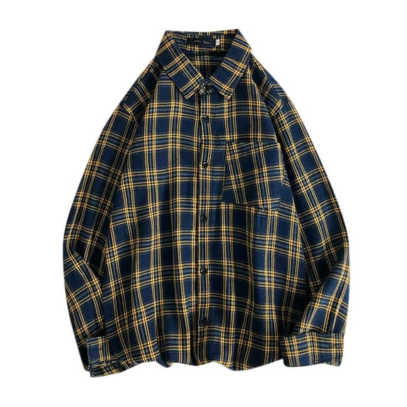 Wyobmus Long Sleeve Flannel Shirt for Men Loose Fit Plaid Shirts Casual Button Down Buffalo Plaid Checkered Cotton Jacket A-Yellow