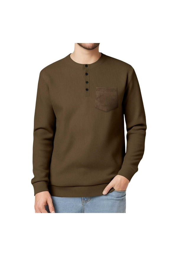 Long Sleeve Henley Shirts for Men Casual Waffle Thermal Front Placket Pullover 4-Button T-Shirt with Pocket Coffee