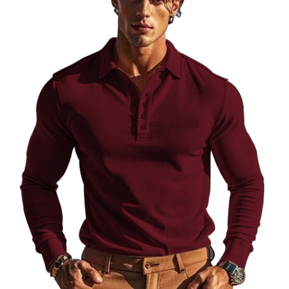 Wyobmus Long Sleeve Shirt for Men Waffle KniT-Shirts Casual Button Down Shirts Classic Collared Shirts Burgundy