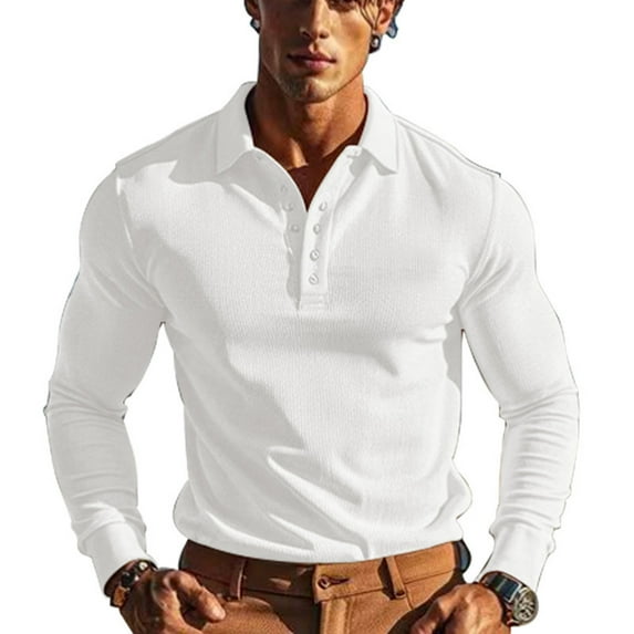 Wyobmus Long Sleeve Shirt for Men Waffle KniT-Shirts Casual Button Down Shirts Classic Collared Shirts White