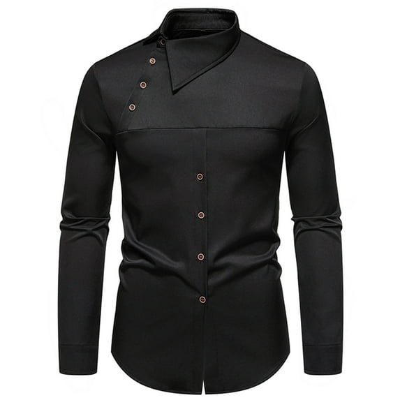 Wyobmus Long Sleeve Shirts for Men Fashion Solid Slant Button Shirt Turndown Collar Irregular Hem Top Shirts Black