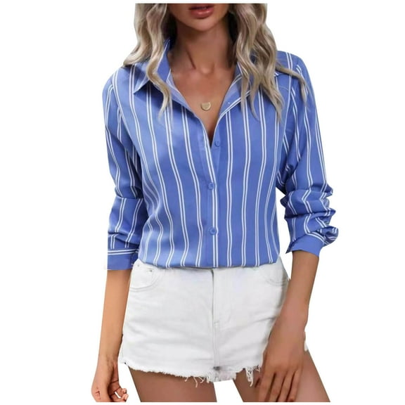 Wyobmus Long Sleeve Shirts for Women Lightweight Lapeled Collar Striped Button Down Loose Tops Shirts Blue